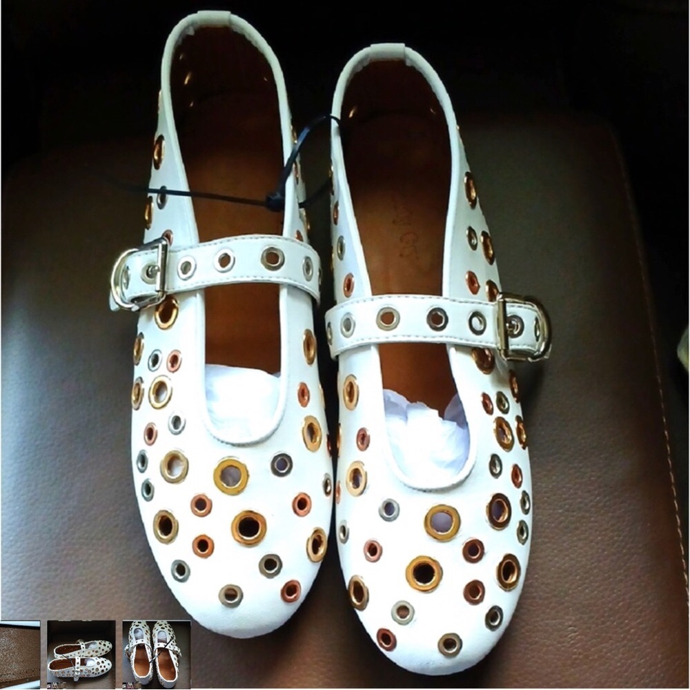 Women’s White Mary Jane Flats with Multicolor Metallic Eyelets